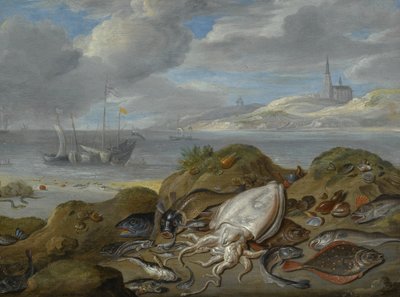 Stilleven met inktvis, schol, kabeljauw, mosselen en andere vis op een duin, een kerk aan de overkant van een estuarium door Jan van Kessel the Elder